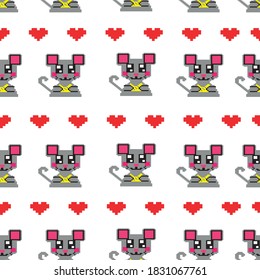 Seamless pattern with funny mice and hearts in pixel style. The design is suitable for postcards, holidays, paintings, factories, decor and nursery, t-shirt and clothing printing. Isolated vector