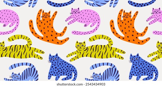 Padrão perfeito com gatos modernos engraçados. Ilustração para cartão, impressão em roupas. Vetor gatinho bonito. Fundo desenhado à mão para design e cartão, capas, embalagem, papel de embrulho. 