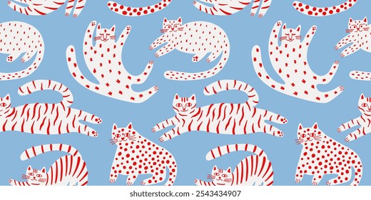 Seamless pattern with funny modern cats. Illustration for card, print on clothes. Vector cute kitten.Hand drawn background for design and card, covers, package, wrapping paper. 