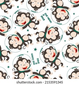 Seamless Pattern Of Funny Monkey Astronaut In Space With Cartoon Style. Can Be Used For T-shirt Print, Creative Vector Childish Background For Fabric Textile, Nursery Wallpaper And Other Decoration.