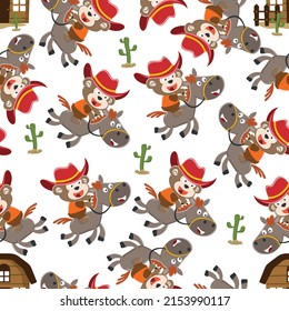 Seamless pattern of funny monkey the cowboy riding a brown horse in the desert, T-Shirt Design for children. Vector childish background for fabric textile, nursery wallpaper, and other decoration.