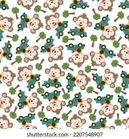 Seamless pattern of funny monkey driving car in the road. Creative vector childish background for fabric, textile, nursery wallpaper, poster, card, brochure. and other decoration.