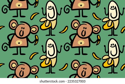 Seamless pattern with funny monkey and exotic fruits bananas. Vector endless wallpaper for children decor.