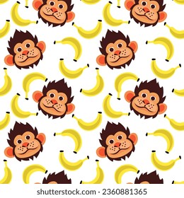 Seamless pattern with funny monkey face and bananas. Vector illustration of a tropical animal with food on a white background. Children's cartoon illustration for printing on textiles and paper