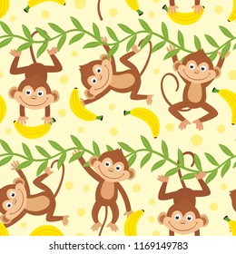 seamless pattern with funny monkey hanging from liana  - vector illustration, eps