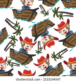 Seamless pattern of funny monkey on little boat with cartoon style. Can be used for t-shirt printing, children wear fashion designs, baby shower invitation cards and other decoration.