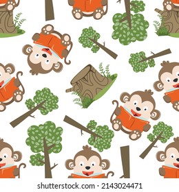 Seamless pattern of funny monkey sit on tree trunk reading a book. funny animal cartoon. Creative vector childish background for fabric textile, nursery wallpaper, brochure. and other decoration