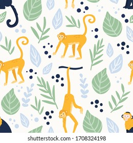 Seamless pattern with funny Monkeys in different poses on the yellow background. Vector tropical illustration. Pattern for your animal fabric design, textile, wallpaper