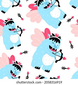 Seamless pattern with funny monster Cupid. Love texture for Valentine's Day. Vector background.