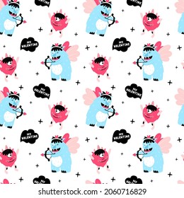 Seamless pattern with funny monster Cupid in cartoon style. Love texture for Valentine's Day. Childish pattern for fabric, wrapping, textile, wallpaper, apparel. 