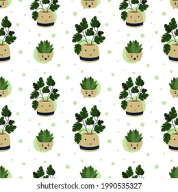 Seamless pattern with funny monstera and aloe Vera in pot on white background. Floral pattern for gift wrap, textile, fabric and wallpapers. 