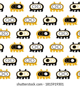 Seamless pattern of funny monsters and aliens. Background with terrible characters happy Halloween. Hand drawn vector illustration in orange and black. Creative design for packaging, fabric, textiler