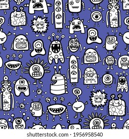 Seamless pattern with funny monsters and aliens cartoon style. Childrens repeating vector background coloring book style with cute characters for fabric design, wallpaper, wrapping, kids wear.