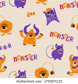 Seamless pattern with funny monsters in cartoon style. Children's background with cute characters for fabric design, Wallpaper, wrapping paper. Vector