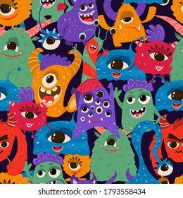 Seamless pattern with funny monsters in cartoon style. Children's background with cute characters for fabric design, Wallpaper, wrapping paper. Vector