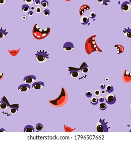 Seamless pattern with funny monsters in cartoon style. Children's background with cute characters for fabric design, Wallpaper, wrapping paper. Vector