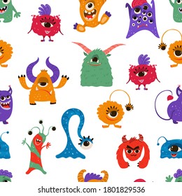 Seamless pattern with funny monsters in cartoon style. Children's background with cute characters for fabric design, Wallpaper, wrapping paper. Vector