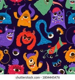 Seamless pattern with funny monsters in cartoon style. Children's background with cute characters for fabric design, Wallpaper, wrapping paper. Vector