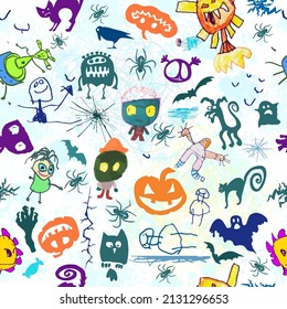 Seamless pattern with funny monsters in cartoon style. Children's background with cute characters for fabric design, Wallpaper, wrapping paper. Vector