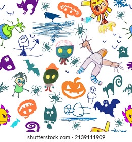 Seamless pattern with funny monsters in cartoon style. Children's background with cute characters for fabric design, Wallpaper, wrapping paper. Vector