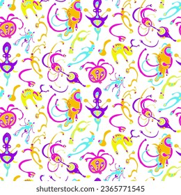 Nahtloses Muster mit lustigen Monstern, Cartoon Fantasy Elementen oder botanischen Feenformen. Psychedelische Tiere und Blumen.