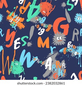 Seamless pattern with funny monsters in cartoon style. Children's background with cute characters, graffiti for fabric design, Wallpaper, wrapping paper.