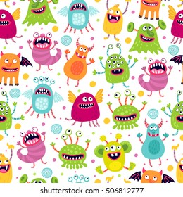 Seamless pattern with funny monsters. Cartoon