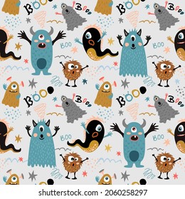 Seamless pattern with funny monsters. Holiday illustration. Horror cartoon. Funny animals. Baby background. Can be used on holidays, birthday design, posters, postcards.