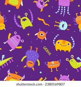 Seamless pattern with funny monsters for kids. Abstract vector print with stylized monsters for textile.