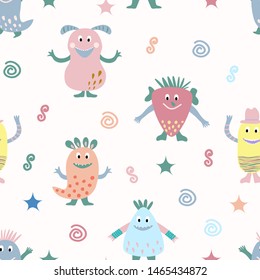 Seamless pattern with funny monsters. Lovely monster set for children designs. Sweet smiling creatures in warm colors in vector. Awesome childish collection.