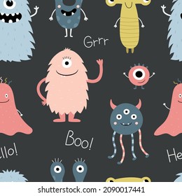 Seamless pattern with funny monsters on a black background. Cute characters. Vector illustration for printing on wrapping paper, fabric, children's clothing