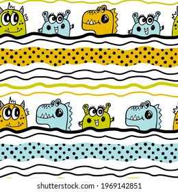 Patrón sin foco con monstruos divertidos y rayas sobre fondo blanco. Imprimir para niños pequeños