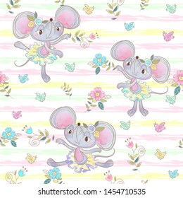 Seamless pattern. Funny mouse ballerinas dancing in the meadow. Vector.