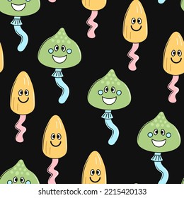 Seamless pattern with funny mushrooms. Groovy seamless background with toadstool characters on black backdrop