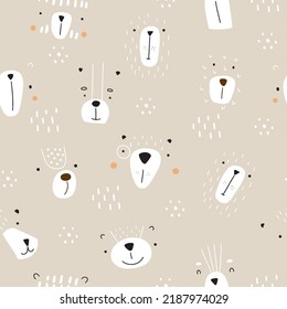 Seamless pattern with funny muzzles of bears on a beige background. Vector illustration in doodle style for your design.