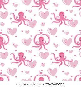 Seamless pattern with funny octopuses and hearts. Marine dwellers. Modern childs print for fabric, textiles, wrapping paper. Vector illustration