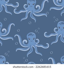 Seamless pattern with funny octopuses. Marine dwellers. Concept of sea and ocean life. Modern print for fabric, textiles, wrapping paper. Vector illustration