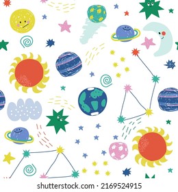 Seamless pattern with funny open space elements. Cute kids print. Vector hand drawn illustration. 