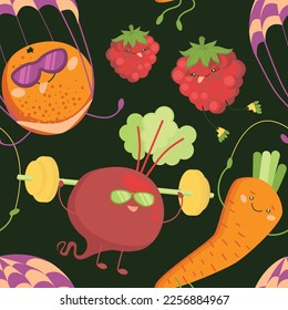 Seamless pattern with funny orange, raspberry, carrot and beetroot.
Carrot jumping rope. Orange jumps with a parachute. Beetroot  trains with barbell. Raspberry is rollerblading