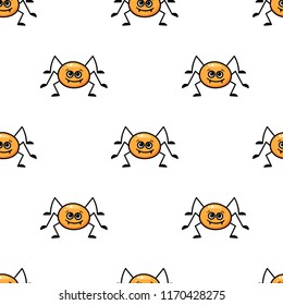 Seamless pattern with funny orange spiders on a white background. Vector illustration in cartoon style.