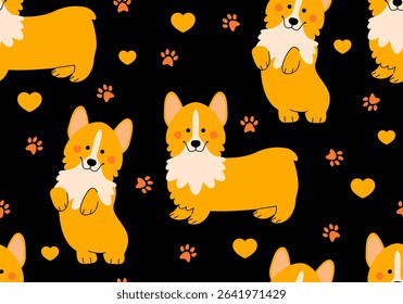 Seamless pattern with Funny orange welsh corgi vector illustration. Cute texture. Cool dog welsh corgi. Cartoon dog background