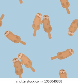 Seamless pattern: funny otters swim in the water and hold each other's paws. Vector illustration.