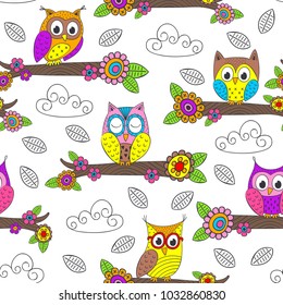 seamless pattern with funny owl on branch - vector illustration, eps