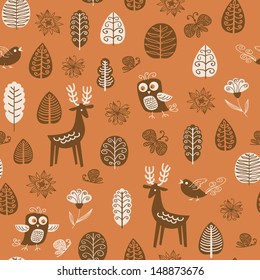 Seamless pattern with funny owls and deers. Vector illustration.