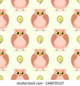 Seamless pattern with funny owls and leaves. Stylish print. Vector illustration.