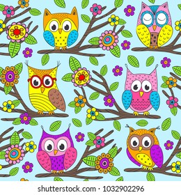 seamless pattern with funny owls on branch - vector illustration, eps