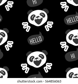 Seamless pattern with funny panda. Cartoon bear says Hello. Vector.
