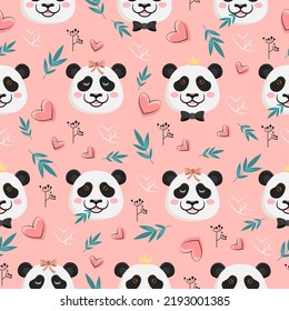 Seamless pattern funny panda and hearts in vector. Children's gentle background head of a teddy bear for textiles, postcards, clothes. Animal mascot in flat style.