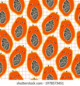 Seamless pattern with funny papaya. Exotic fruit print. Vector hand drawn illustration.