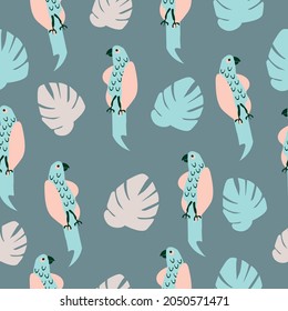 Patrón sin foco de loros divertidos en un fondo gris oscuro. Ilustración vectorial. 